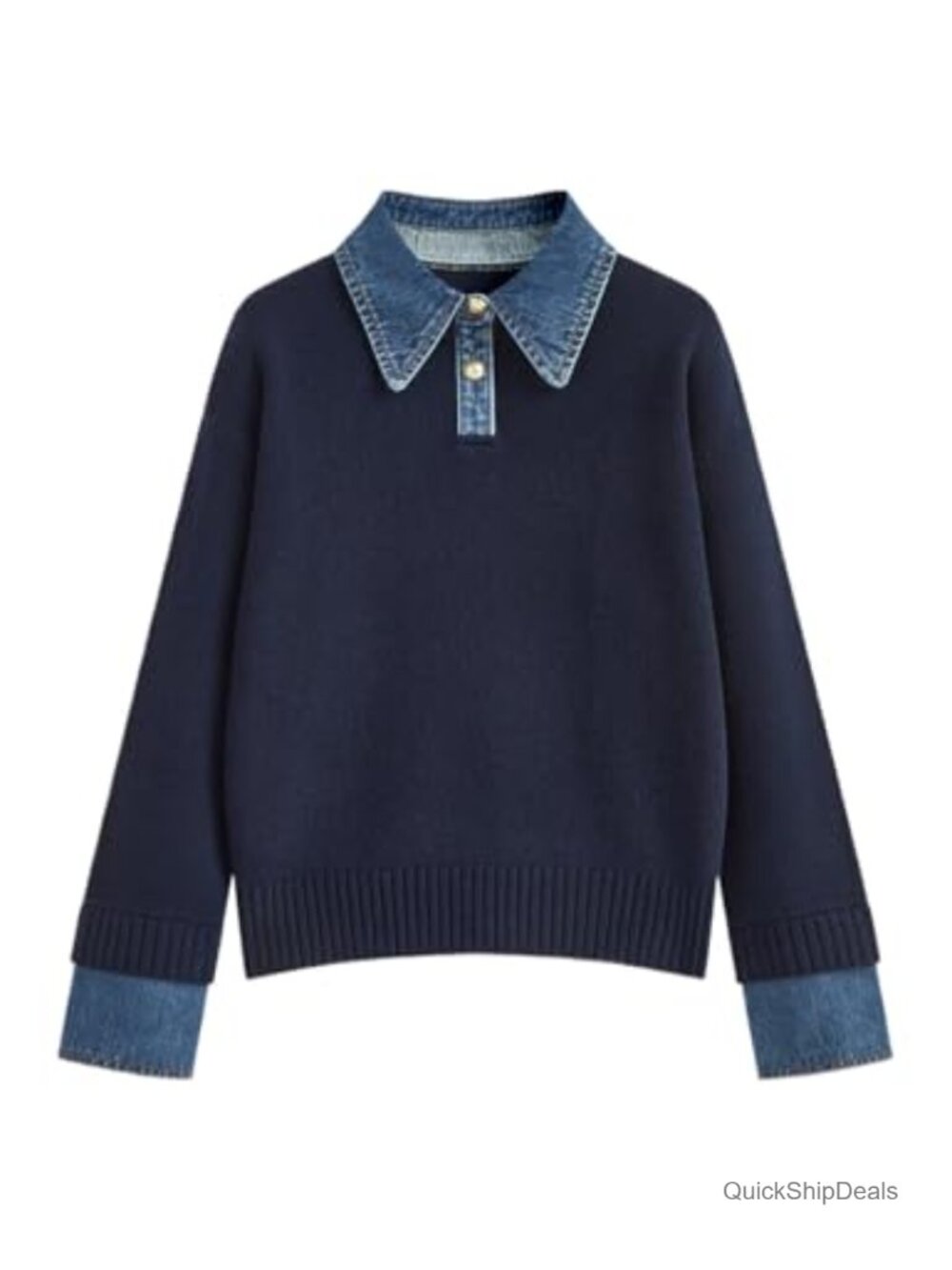 Oversized Denim Collar Knit Polo Sweater Long Sleeve Pullover
